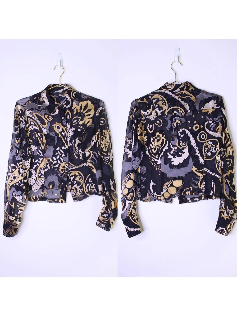 Black Gold Silver Abstract Sheer Silk Blend Blouse - 6